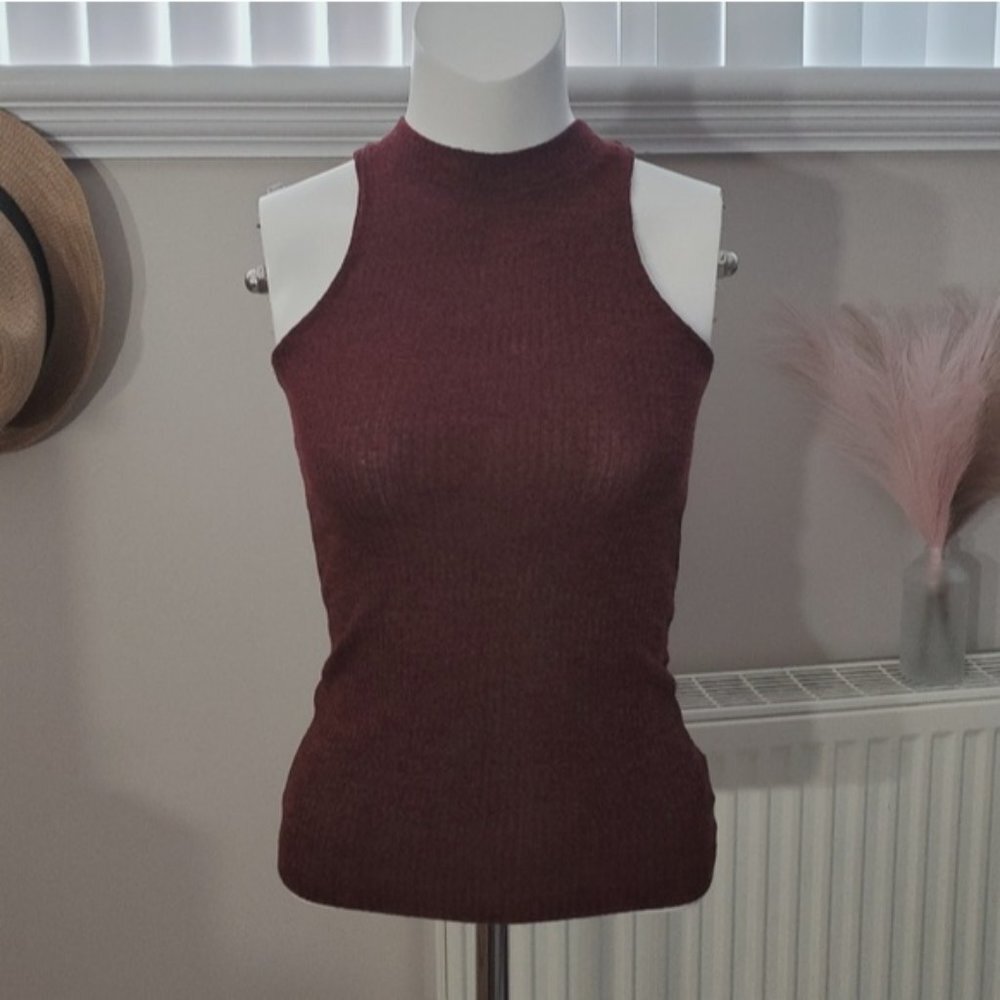 Mock Neck Marroon Ribbed Sleeveless top